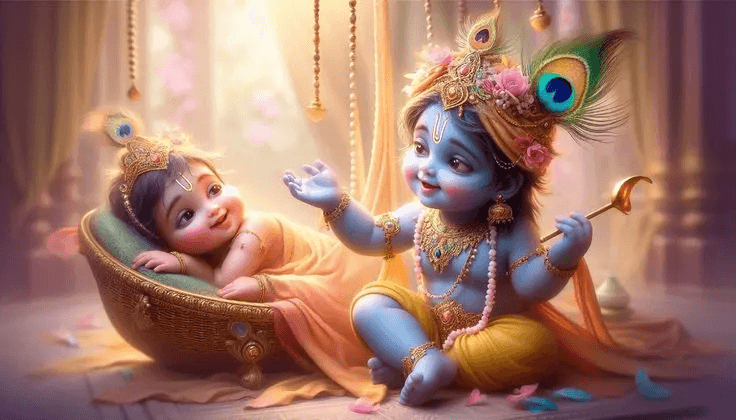 Divine illustration of Laddu Gopal in cradle for daily worship seva