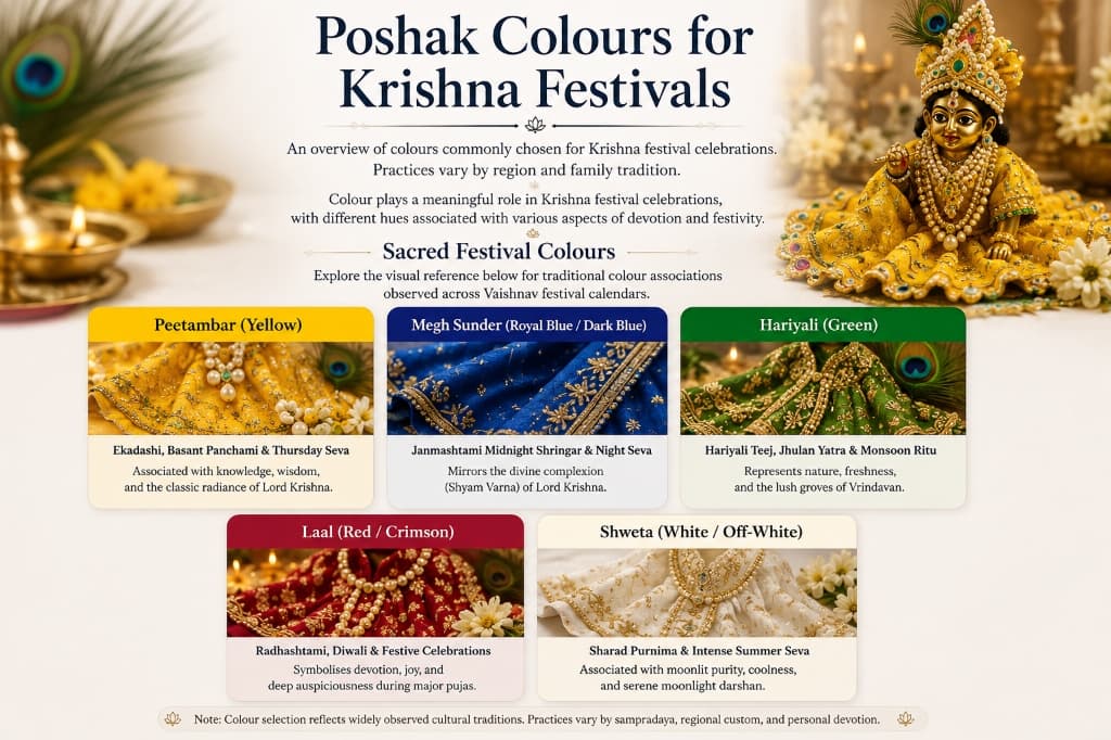 Poshak Colours for Krishna Festivals — Visual reference guide for Peetambar, Megh Sunder, Hariyali, Laal, and Shweta poshaks