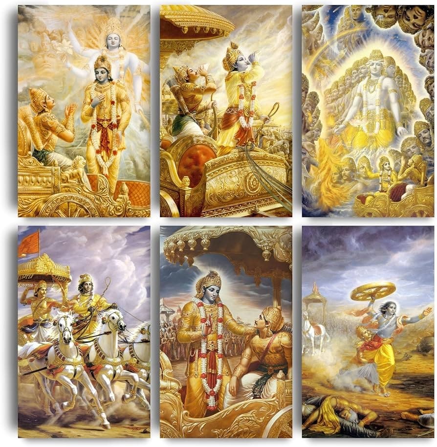 Sacred artwork panels depicting Lord Krishna in divine yellow pitambar attire and Mahabharata chariot discourses