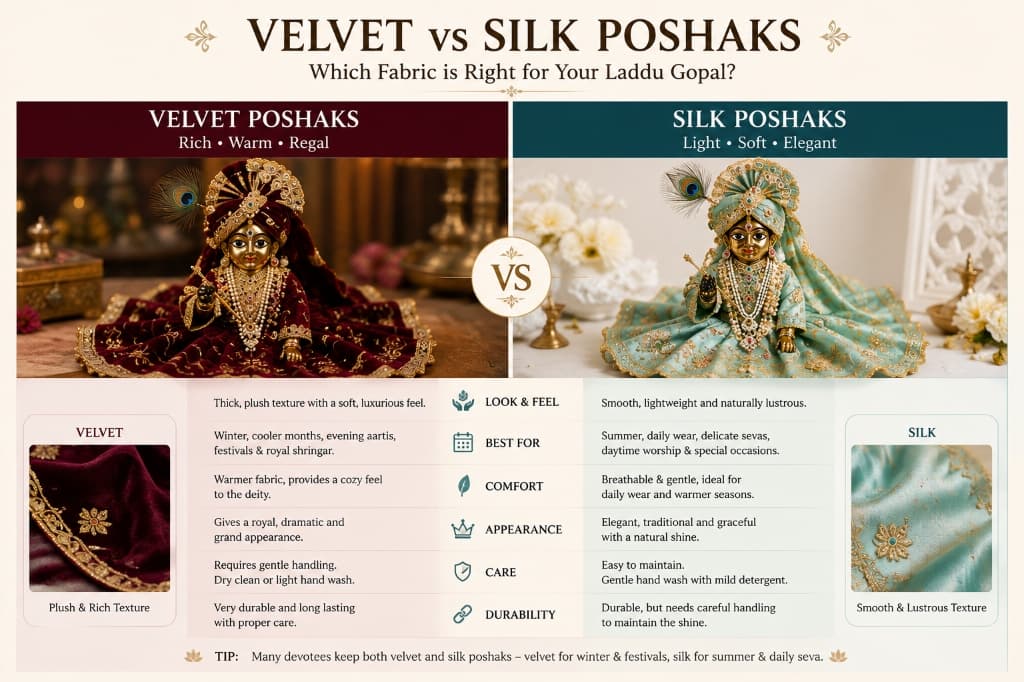 Velvet vs Silk Poshaks comparison chart — Which fabric is right for your Laddu Gopal