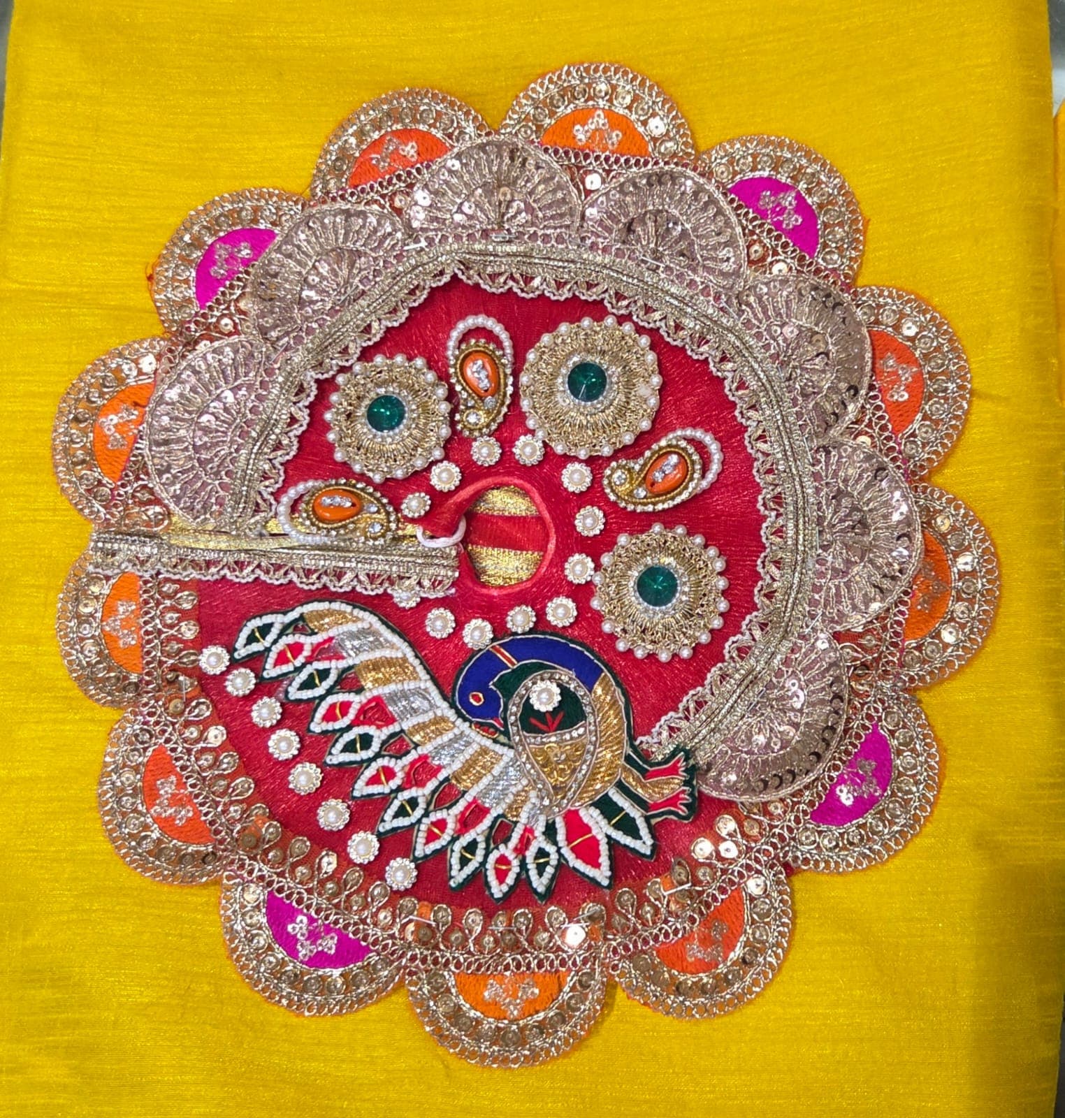 Red Peacock Scalloped Border Poshak front view