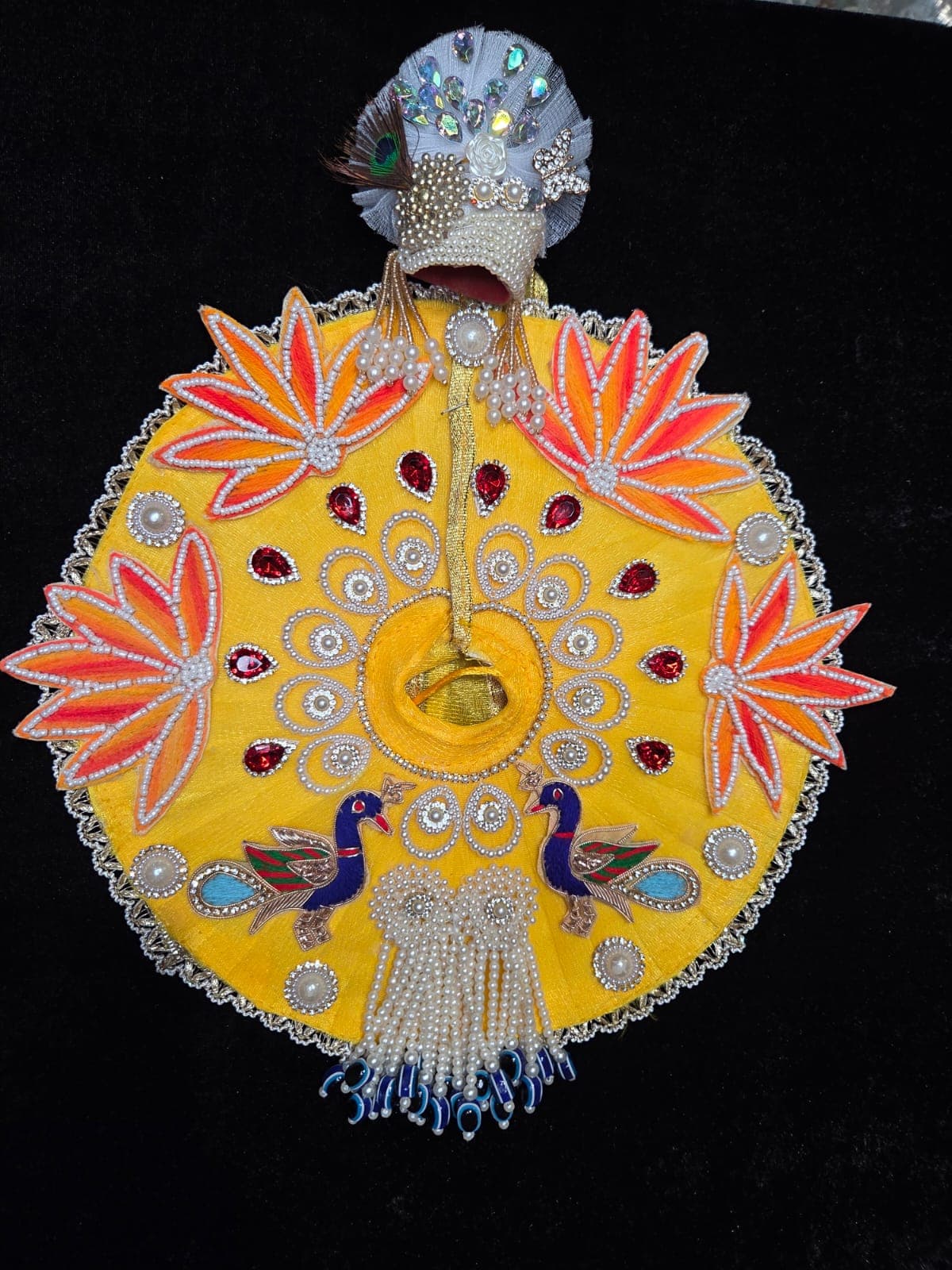 Yellow Peacock Lotus Pearl Mukut Set Poshak front view