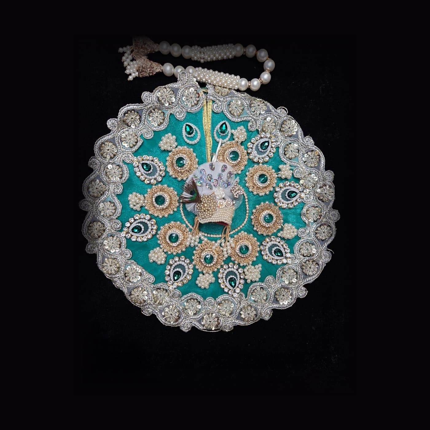 Teal Emerald Silver Lace Mukut Set Poshak set view