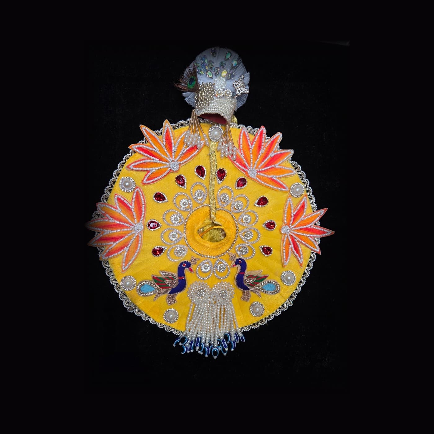 Yellow Peacock Lotus Pearl Mukut Set Poshak front view