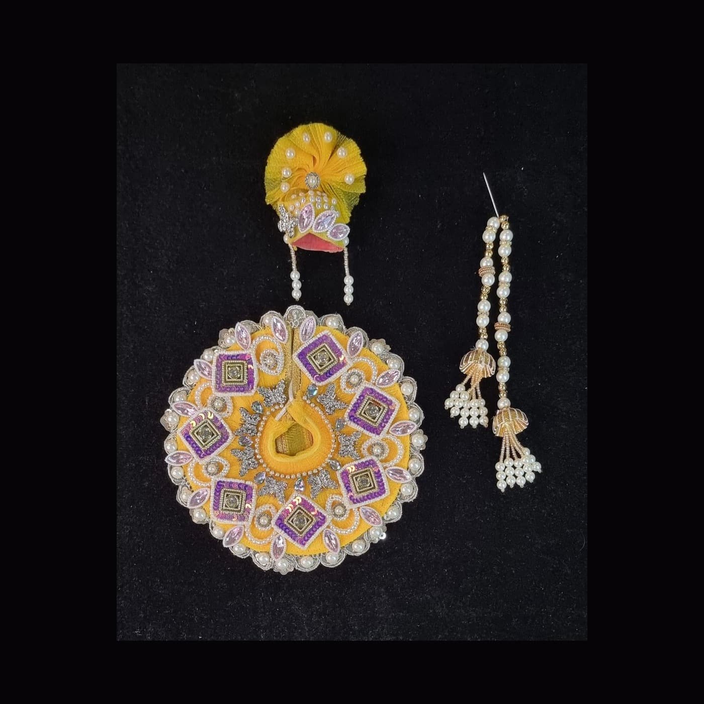 Yellow Violet Diamond Kundan Mukut Set Poshak with full set