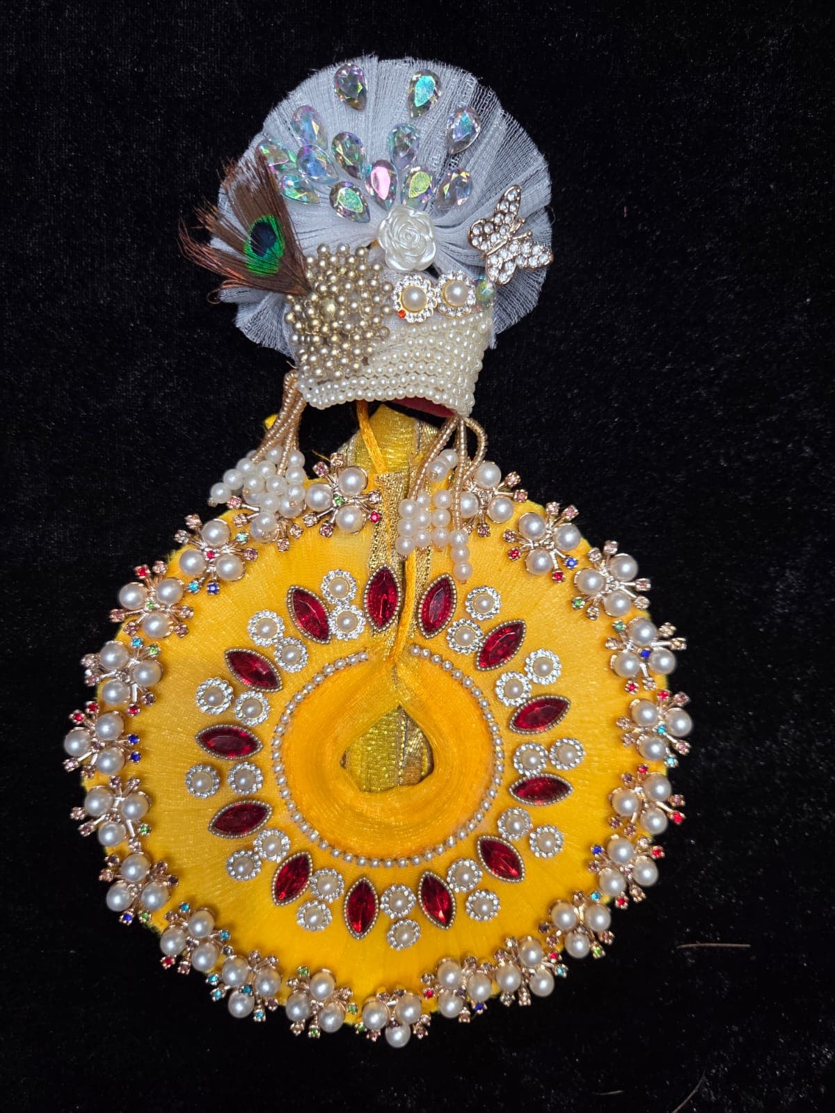 Yellow Ruby Pearl Pagdi Set Poshak front view