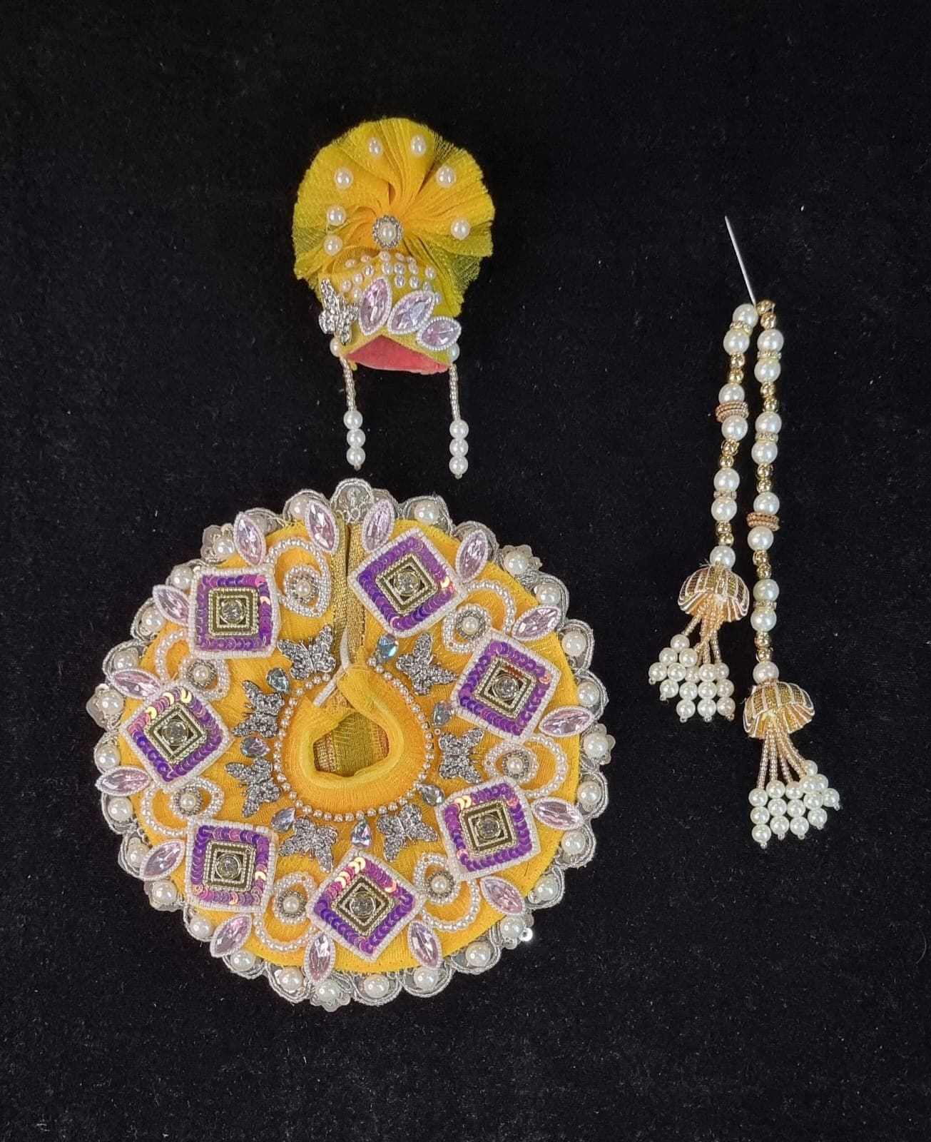 Yellow Violet Diamond Kundan Mukut Set Poshak with full set