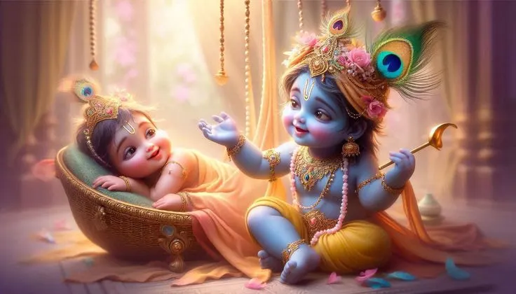Divine illustration of Laddu Gopal in cradle for daily worship seva