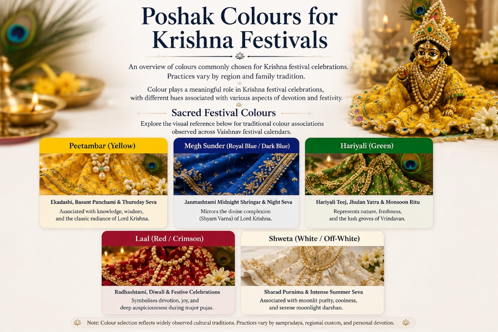 Poshak Colours for Krishna Festivals — Visual reference guide for Peetambar, Megh Sunder, Hariyali, Laal, and Shweta poshaks