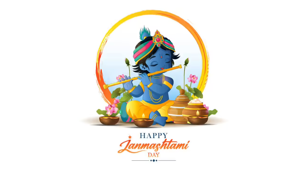 Happy Janmashtami — Divine Lord Krishna illustration with flute and festive lamps